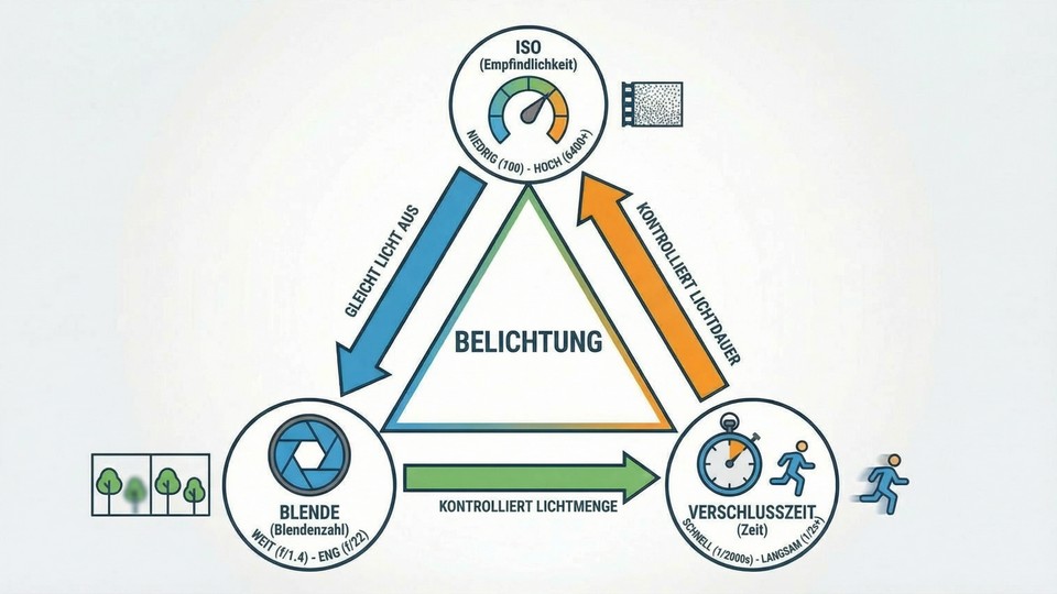 Illustration des Belichtungsdreiecks mit ISO, Blende und Verschlusszeit