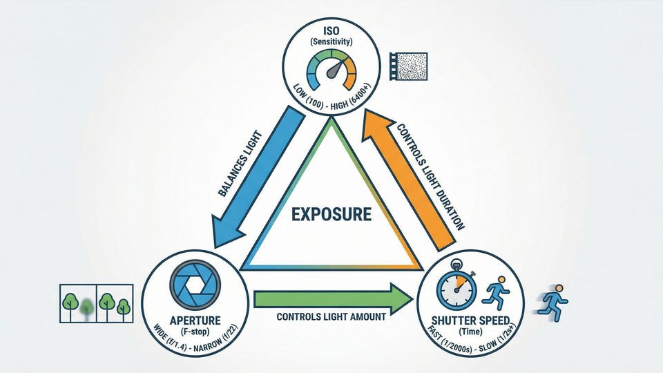 Illustration of the exposure triangle with ISO, aperture, and shutter speed