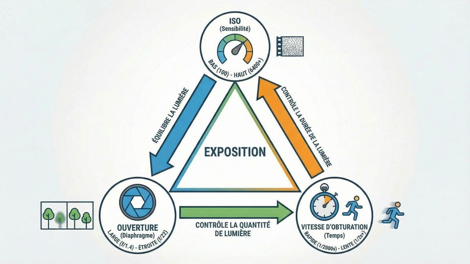 Illustration du triangle d’exposition avec ISO, ouverture et vitesse d’obturation