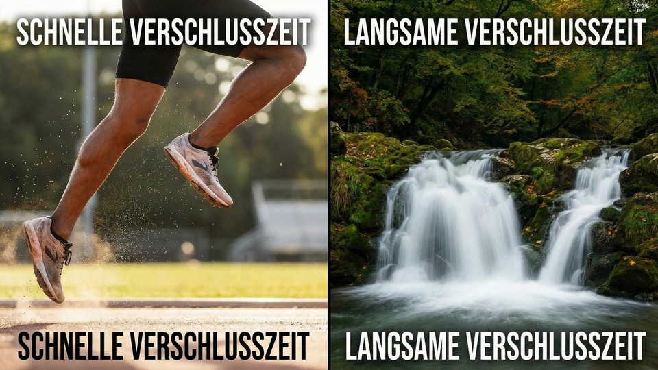 Beispiele für Bilder mit kurzer und langer Verschlusszeit: scharfes Sportmotiv und verschwommenes Wasser