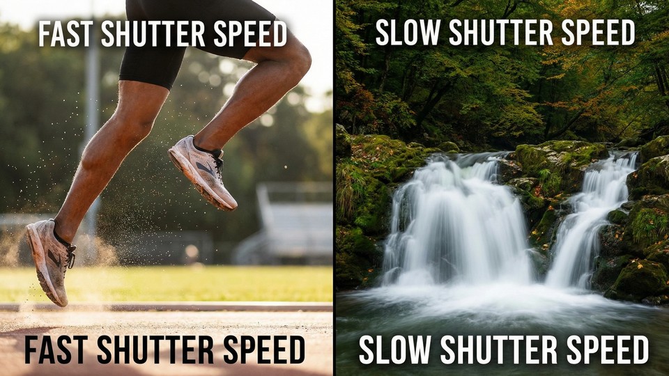 Examples of images with short and long shutter speed: sharp sports subject and blurred water