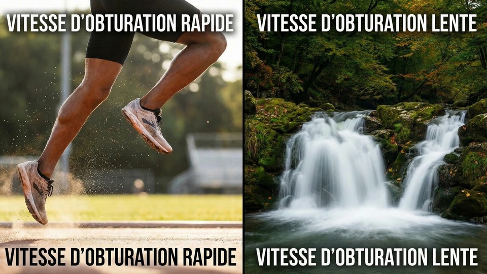 Exemples de photos avec vitesse d’obturation rapide et lente : sujet sportif net et eau floue