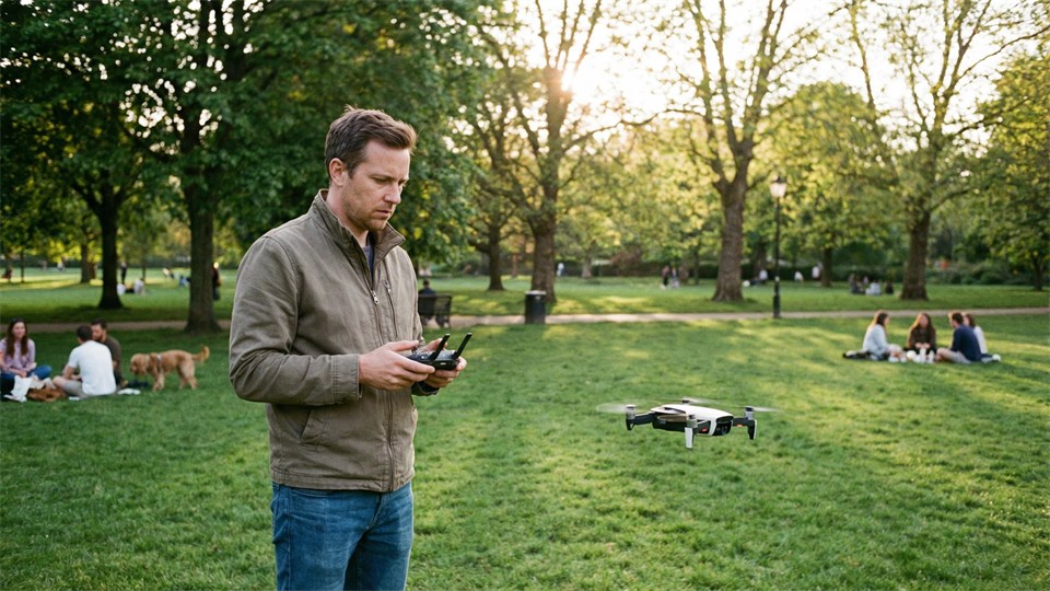 En person øver sig i at flyve med en lille drone i parken
