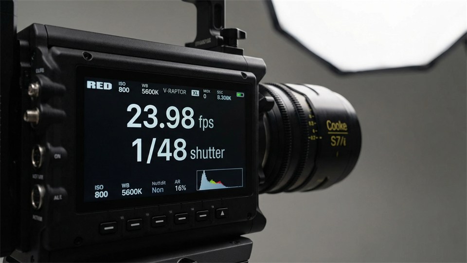 Illustration of a video camera where frame rate and shutter speed are shown on the screen