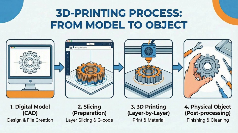 Infographic of the 3D printing process from digital model to physical object