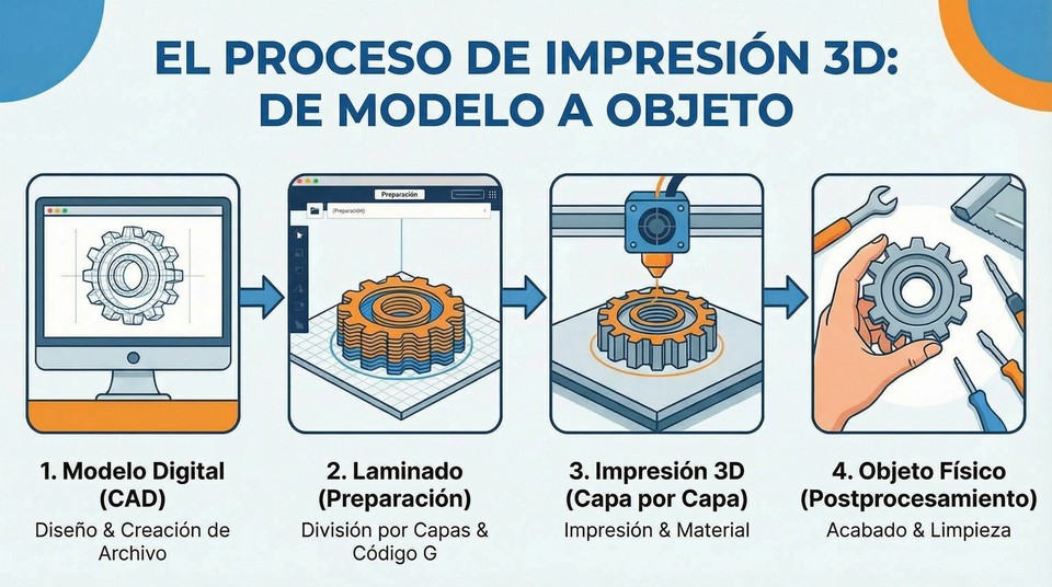 Infografía sobre el proceso de impresión 3D desde el modelo digital hasta el objeto físico