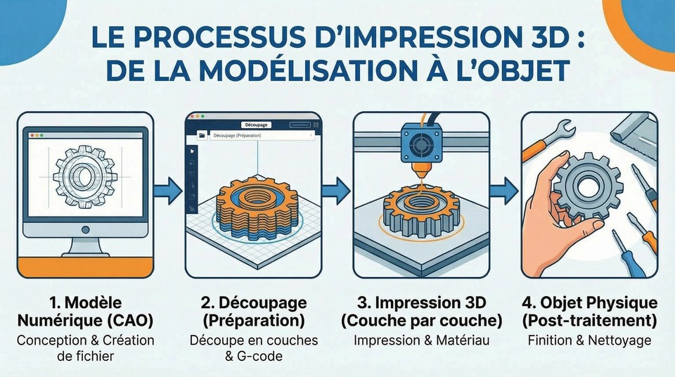 Infographie du processus d'impression 3D du modèle numérique à l'objet physique
