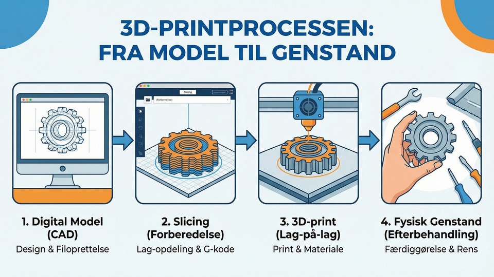 Infografik over 3D-printprocessen fra digital model til fysisk genstand