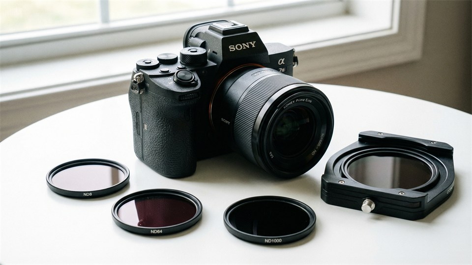 Camera with ND filter mounted in front of the lens