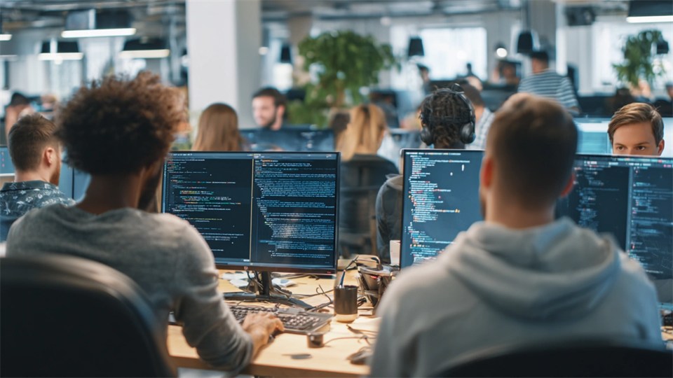 Illustration af softwareudviklere, der samarbejder om kode