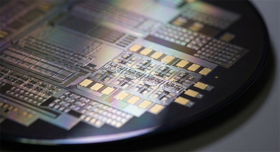 Close-up of a silicon wafer and patterns from modern chip manufacturing
